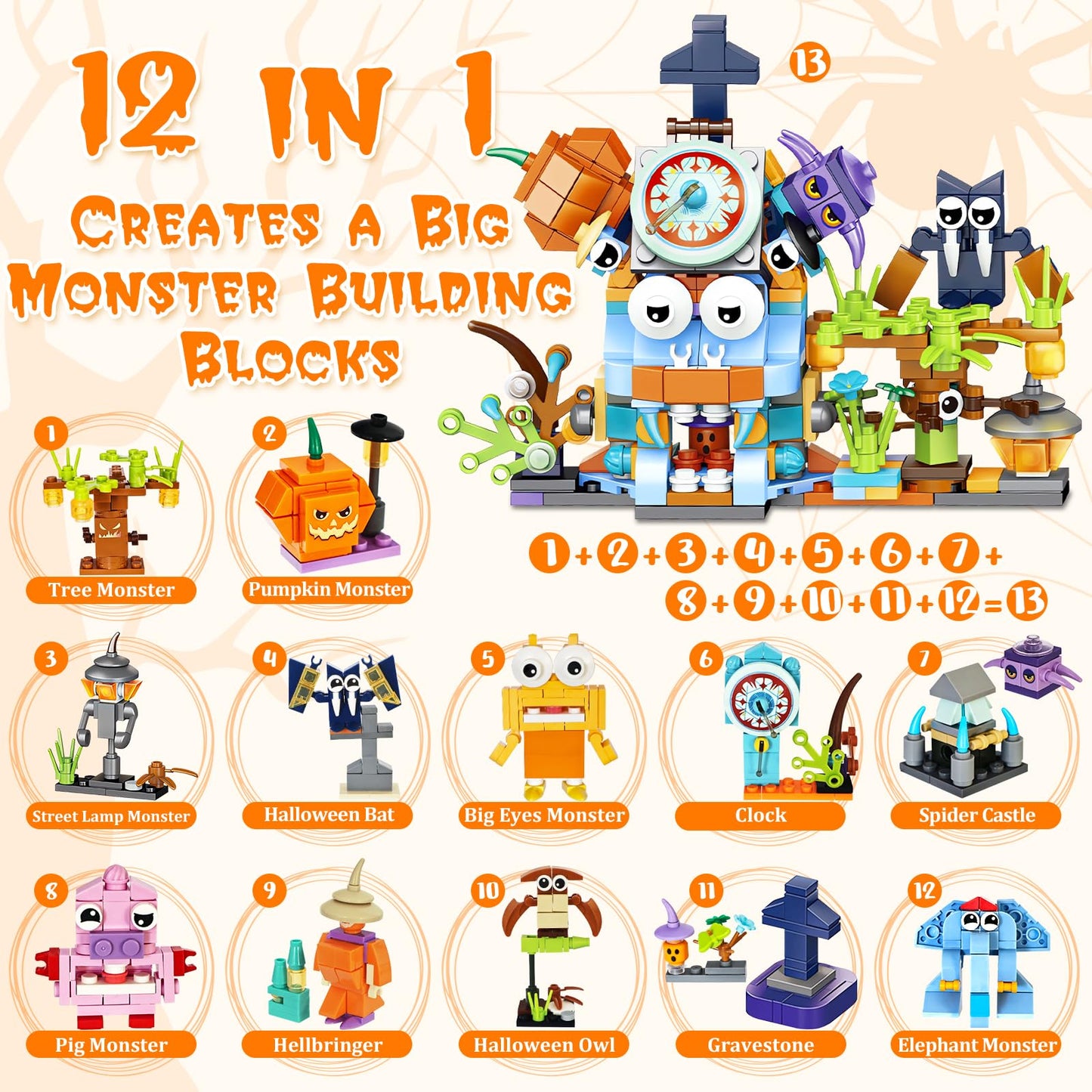 Adisher Halloween Party Favors,12Pcs Mochi Squishy 12Pcs Halloween Building Blocks and 24Pcs Pumpkin Boxes, Halloween Goodie Bag