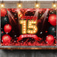 Happy 15th Birthday Banner Backdrop Red and Black 15 Years Old Background Bday Decorations for Girls Boys Photography Party Supp