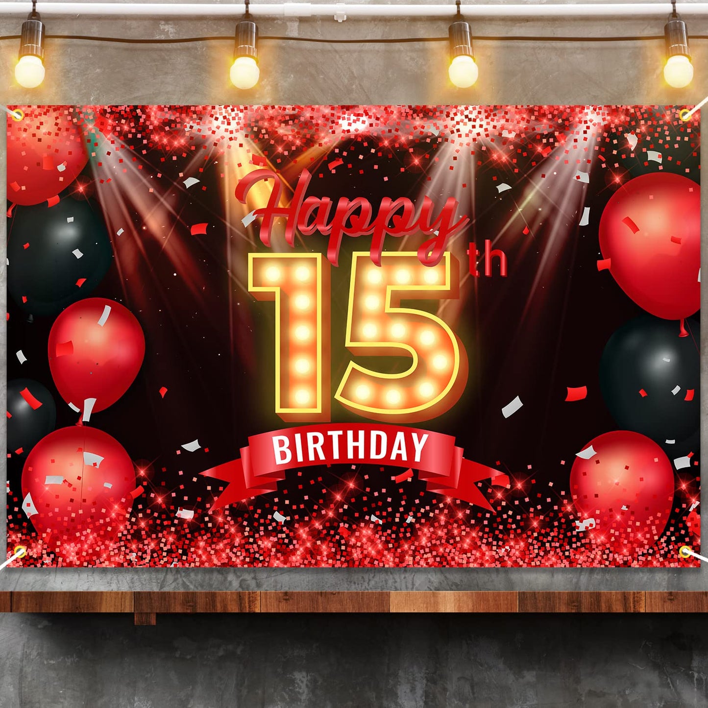 Happy 15th Birthday Banner Backdrop Red and Black 15 Years Old Background Bday Decorations for Girls Boys Photography Party Supp