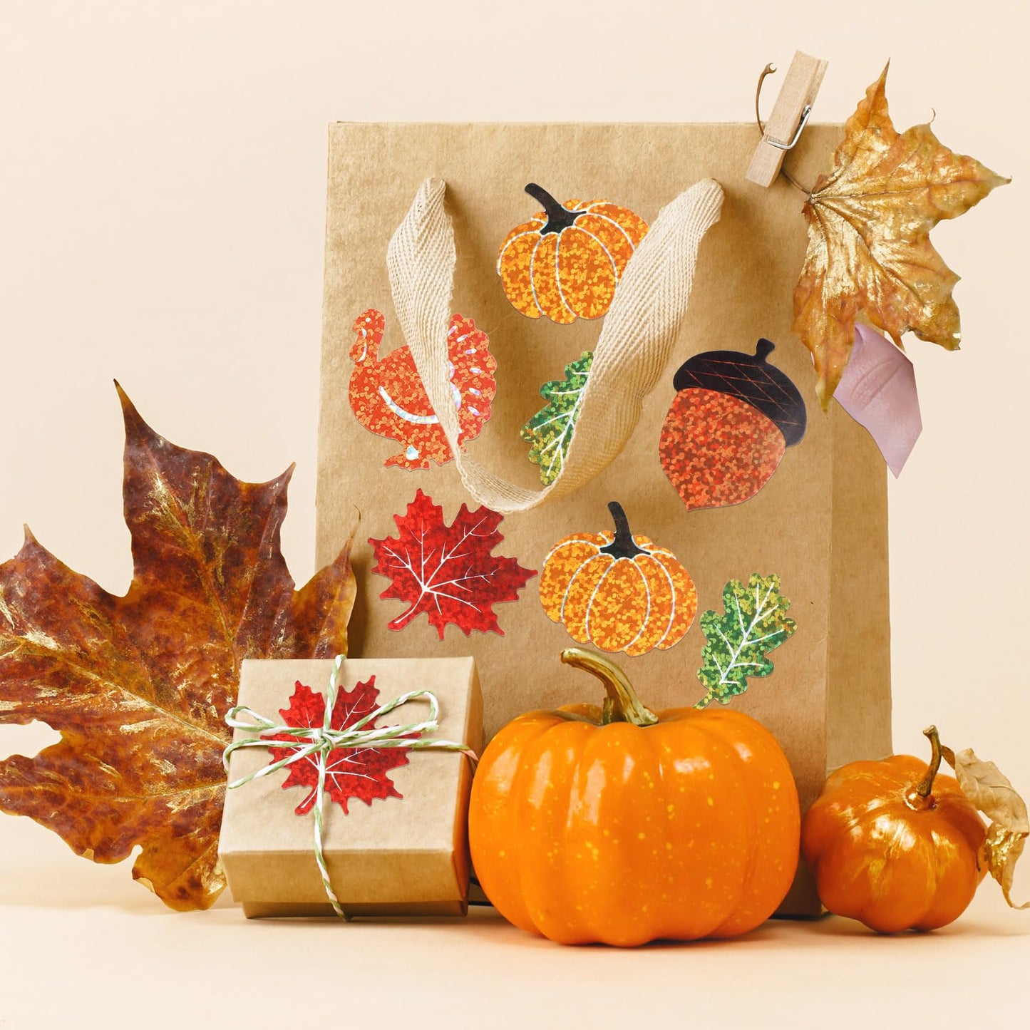 Feifeiya 500 Pcs Fall Thanksgiving Stickers Roll Laser Turkey Maple Leaf Acorn Decals 1.5 Inch Waterproof Self Adhesive Sparkly