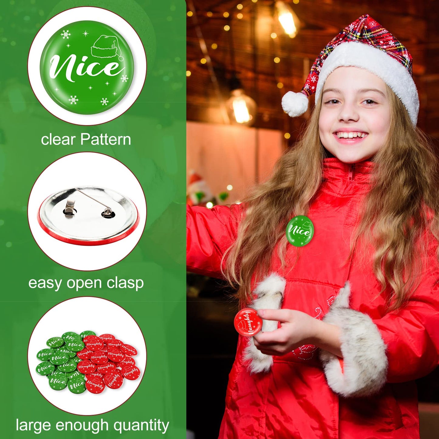 Janmercy 60 Pcs Christmas Button Pins Bulk Funny Nice Naughty Badge Pin Pinback Button Party Favors Buttons Badges Snowflake San