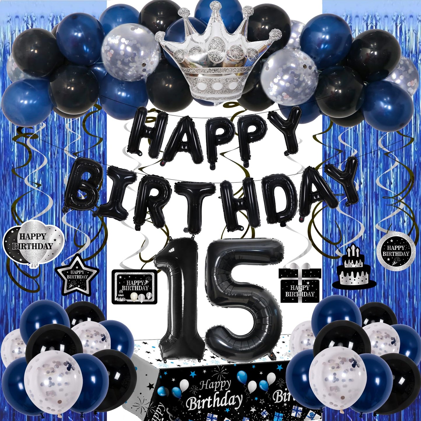 15Th Birthday Decorations For Boys, Blue Black Happy 15Th Birthday Decorations Boy 15 Year Old Birthday Balloons Banner, Tablecl