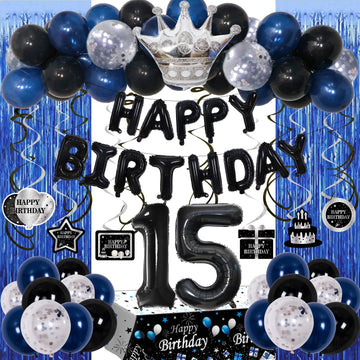 15Th Birthday Decorations For Boys, Blue Black Happy 15Th Birthday Decorations Boy 15 Year Old Birthday Balloons Banner, Tablecl