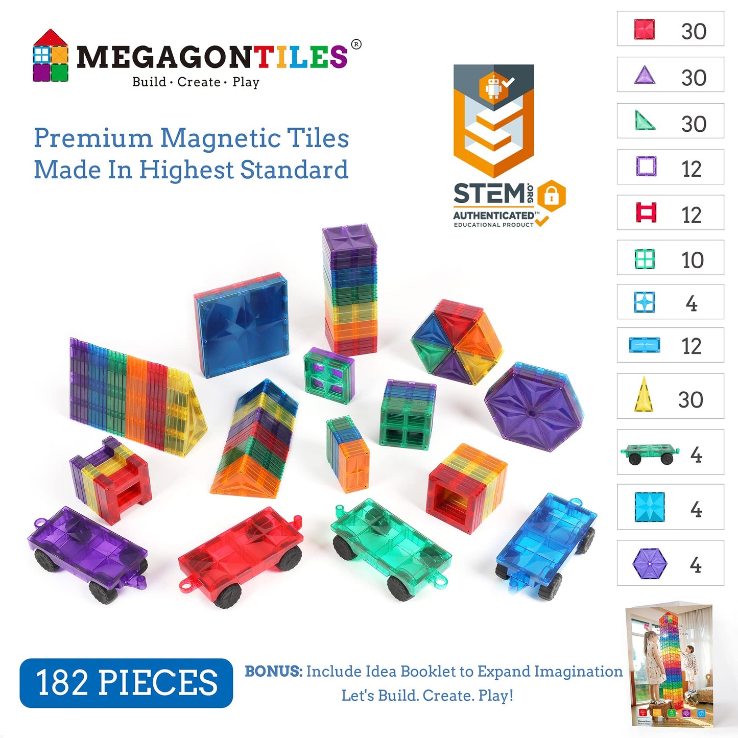 MEGAGONTILES 182PCS enhanced MagneticTiles  MagnetTiles  STEM AUTHENTICATED MEGA MagnetTiles  Magnetic Blocks  Magnetic Building Blocks  Magnets for Kids  MagneticTile Toy Boys Girls Age 3 4 5 6 7 8