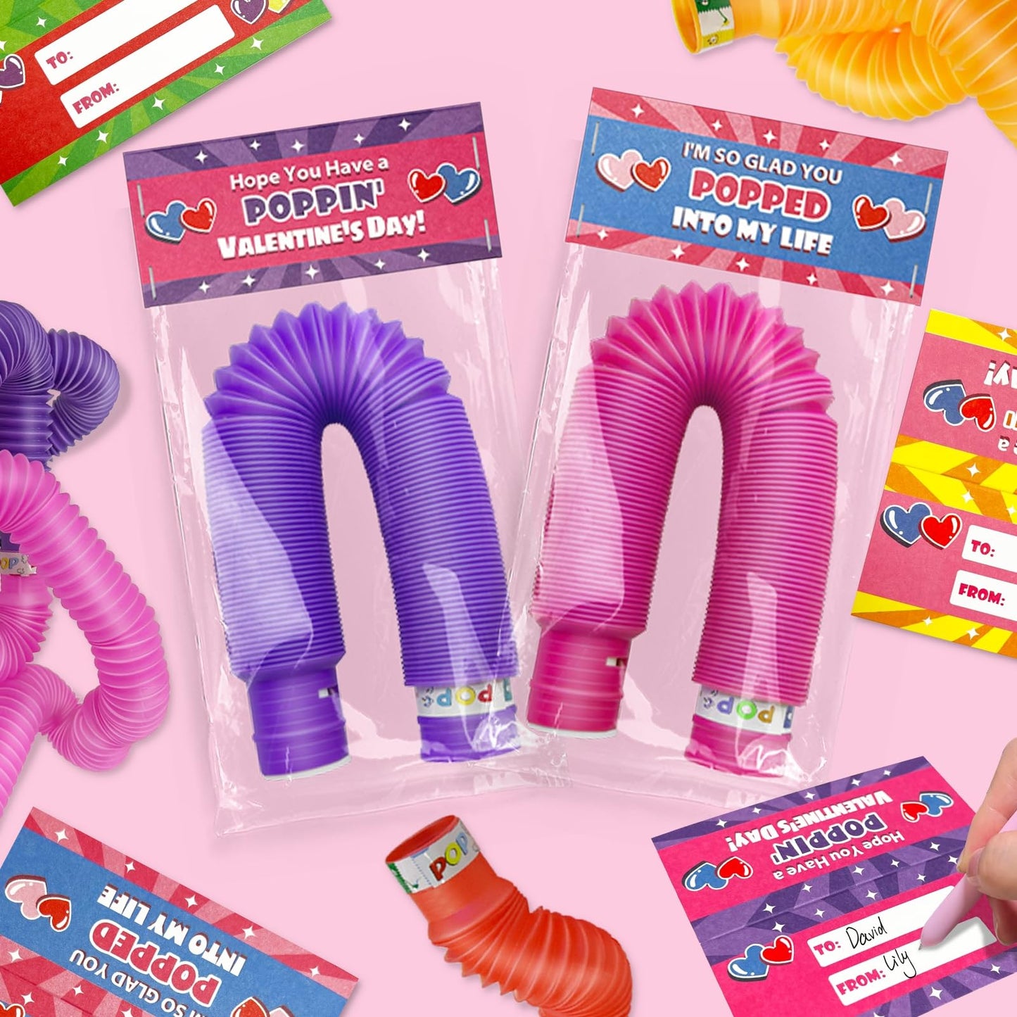 24 Packs Valentine'S Day Gifts For Kids Glow Pop Tubes With Valentine Cards Stress Relief Fidget Toys Valentine'S Party Favors,