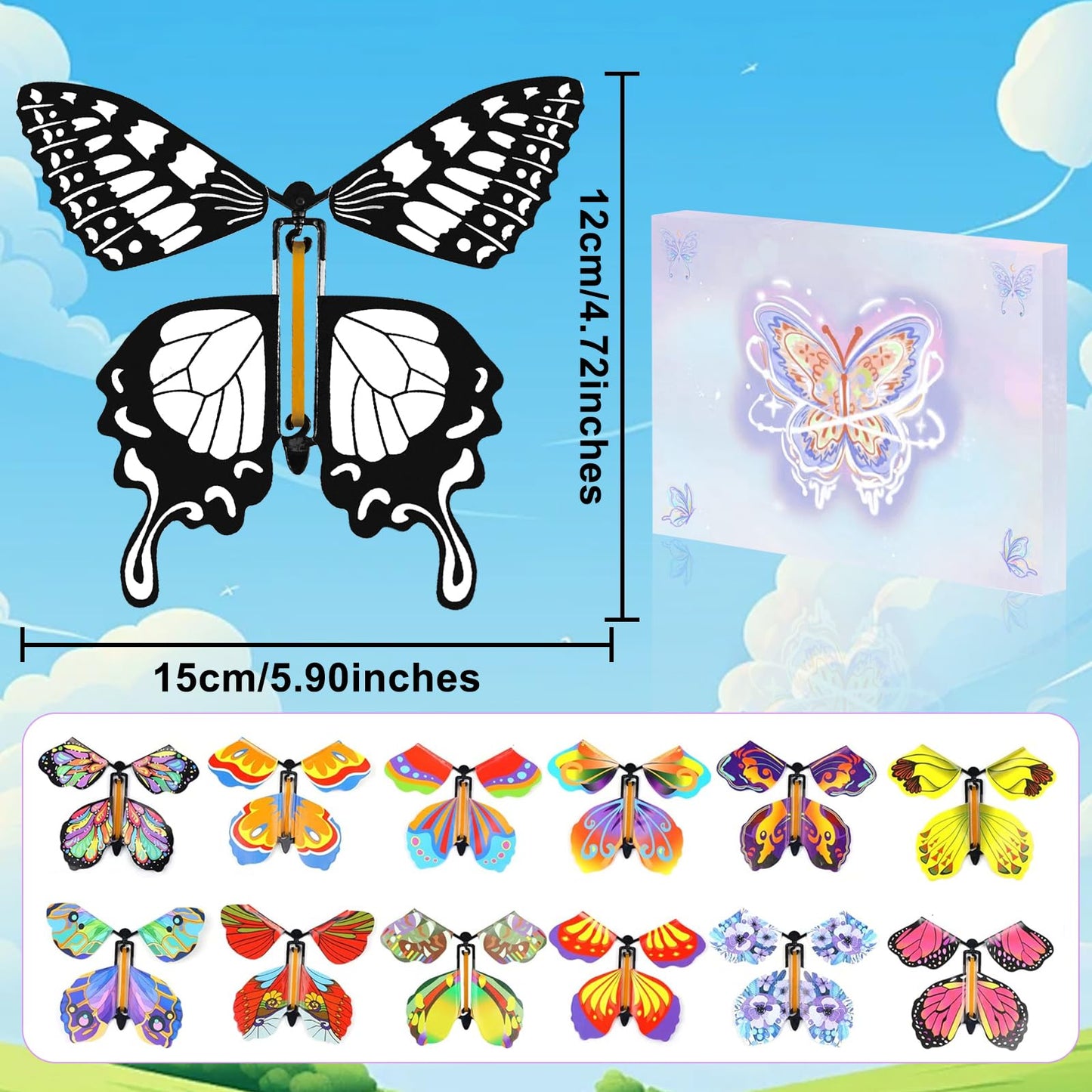 Sanyiyiba 12 Pcs Flying Butterfly Toy Magic White Painting Butterflies Wind Up Butterflies Toys Painted Craft Card Set Gift For