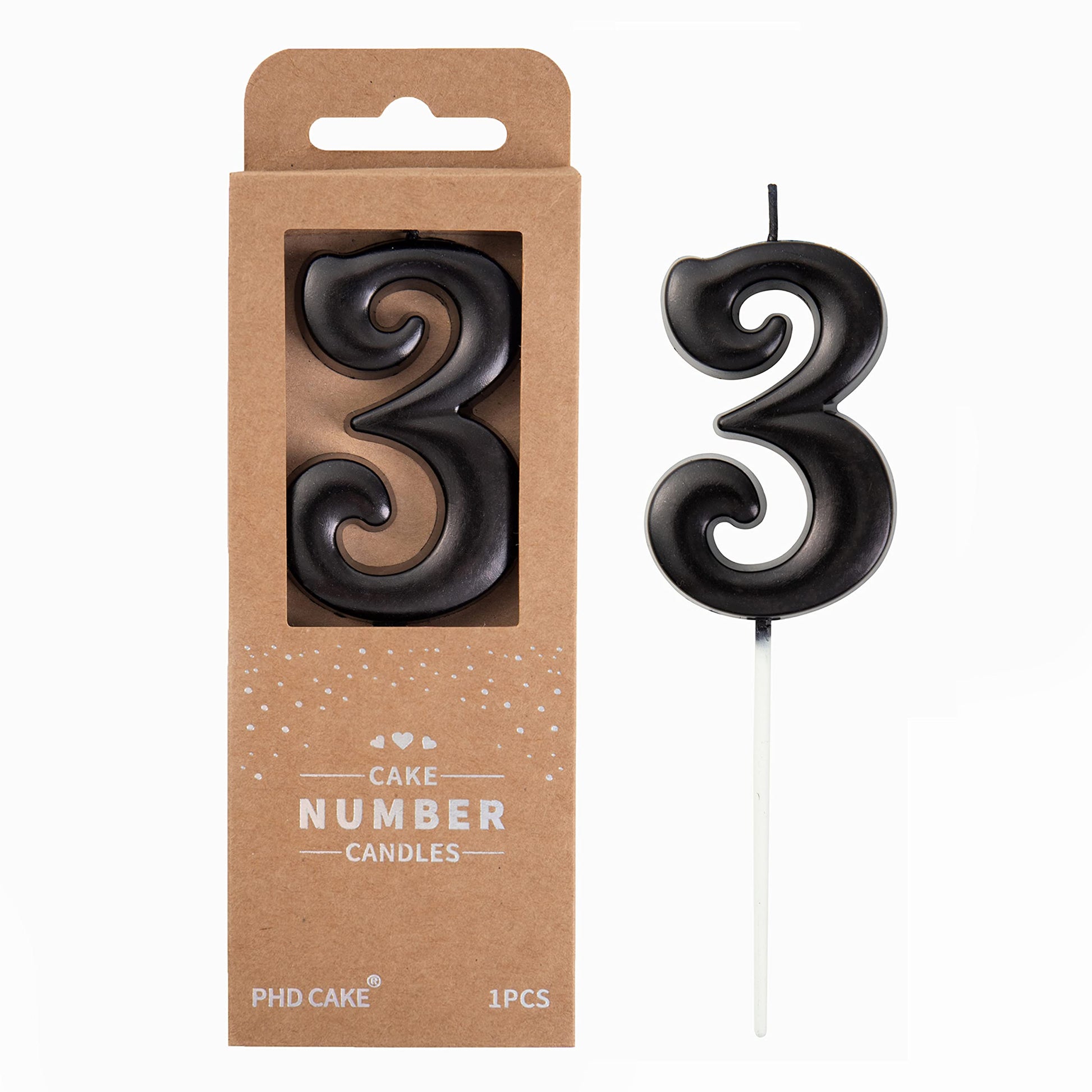 PHD CAKE 2.76 Inch Elegant Black 3 Number Birthday Candles, Black Number Candles, Cake Number Candles, Party Celebration