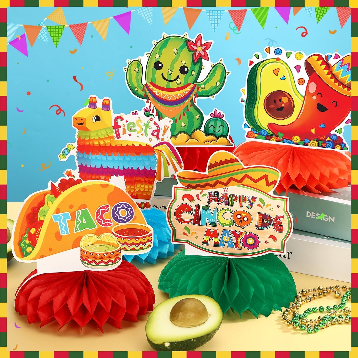 JULMELON 8PCS Cinco De Mayo Party Decorations, Mexican Fiesta Table Decorations Honeycomb Centerpiece for Mexican Theme Taco Par