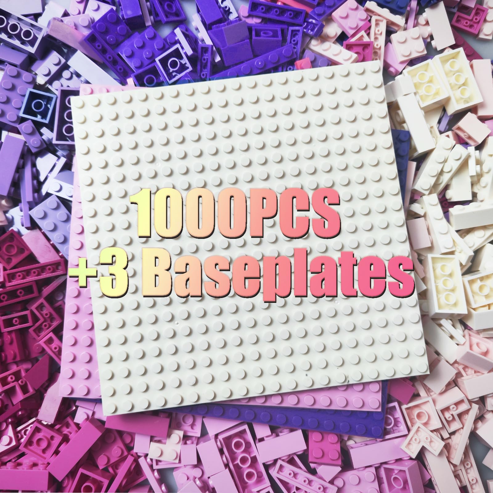 Huizdq 1000 Pieces Classic Building Bricks, Classic Stackable Base Plates, 3 6.3'' X 6.3'' White, Pink And Purple Base Plates, C