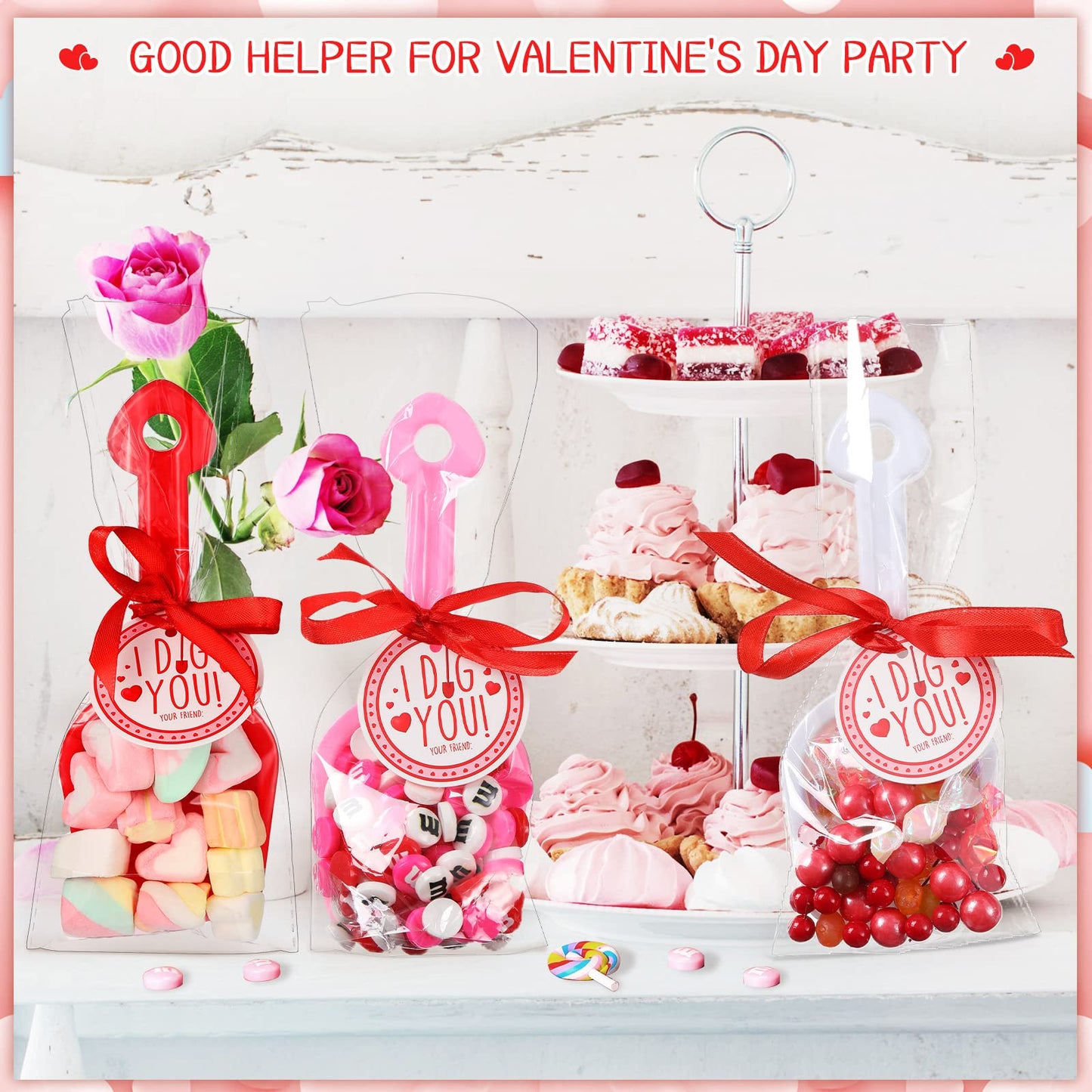 Chumia 85-Piece Valentine's Day I Dig You Shovels with Stickers, Tags, and Candy Bags for Party Favors