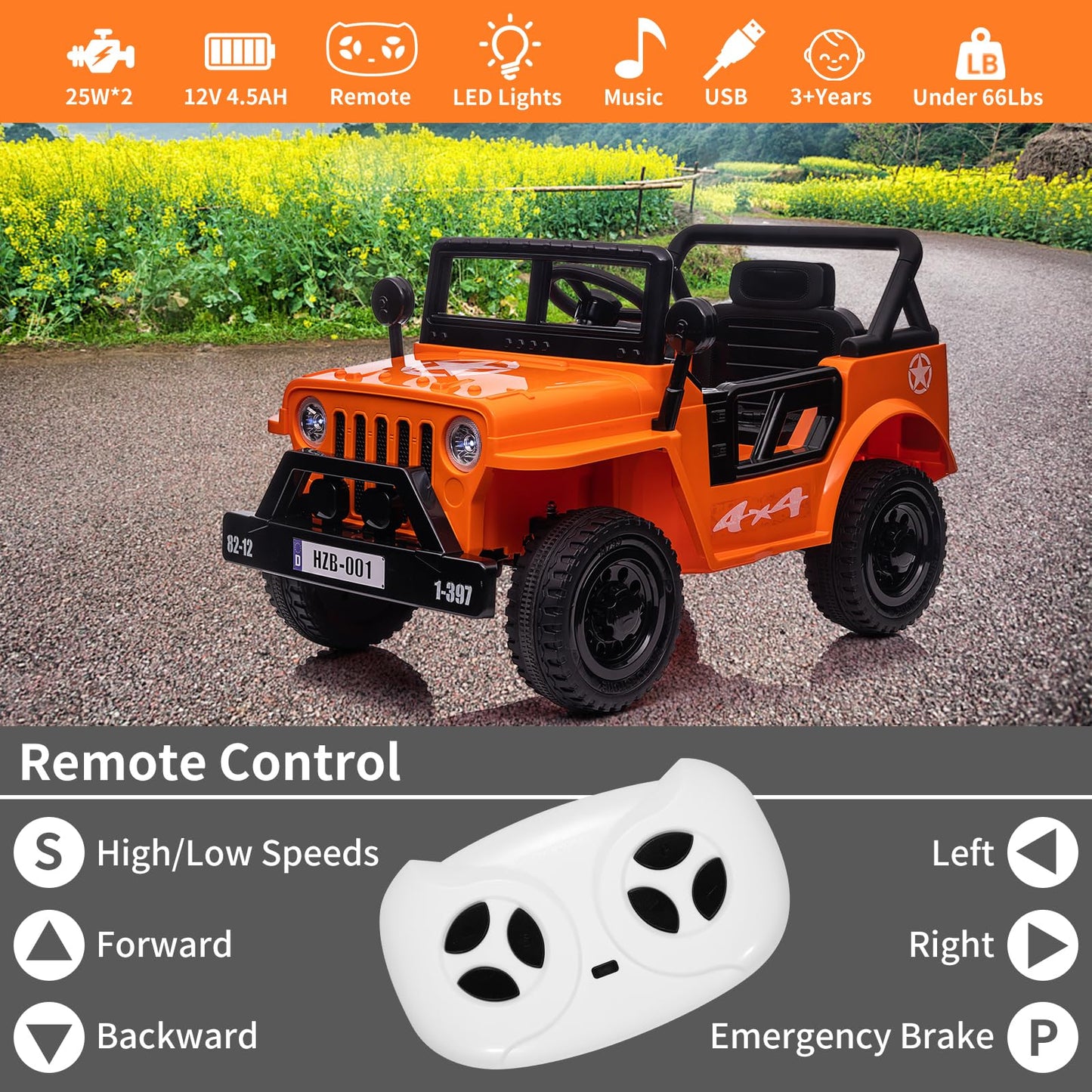 12V Kids Ride On Truck Car, Electric Ride On Car With Remote Control, Spring Suspension, Various Speeds, Led Lights, Music, And