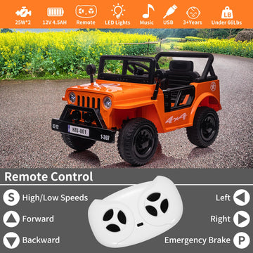 12V Kids Ride On Truck Car, Electric Ride On Car With Remote Control, Spring Suspension, Various Speeds, Led Lights, Music, And