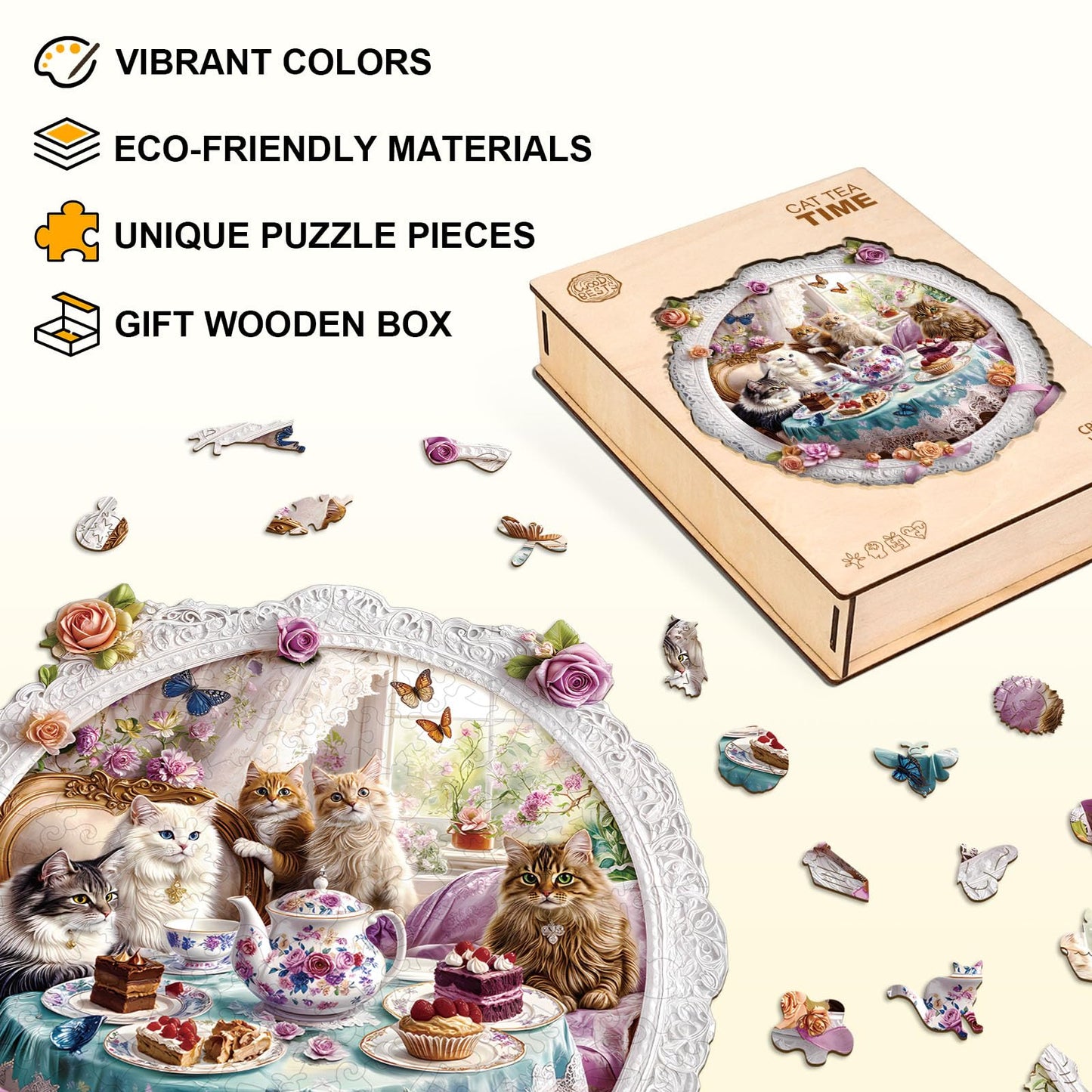 Jigfoxy Wooden Puzzles for mature-themeds  Cats Tea Time Wood Puzzles mature-themed  Unique Animal Shape Wooden Jigsaw Puzzles for mature-themeds  Birthday Gifts for Puzzle Lovers  Family  Friend (M-11.4 * 11.4in-195pcs)