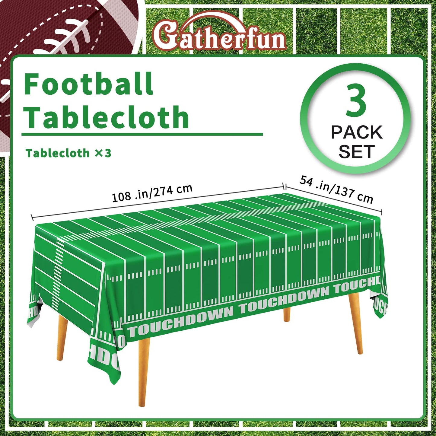 Gatherfun Football Theme Party Disposable Tablecloth Plastic Touchdown Table Cover for Birthday Football Party Games Decoration
