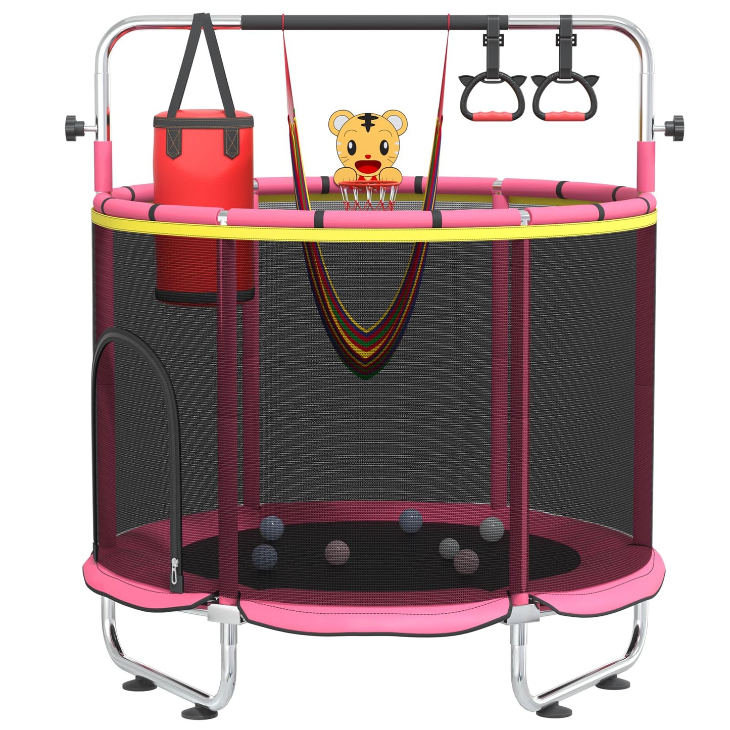 Pelnuies 60 Indoor Trampoline for Kids with Safety Net, 440lbs Small Outdoor Kids Trampoline with Swing, Adjustable Gym Bar & Ba