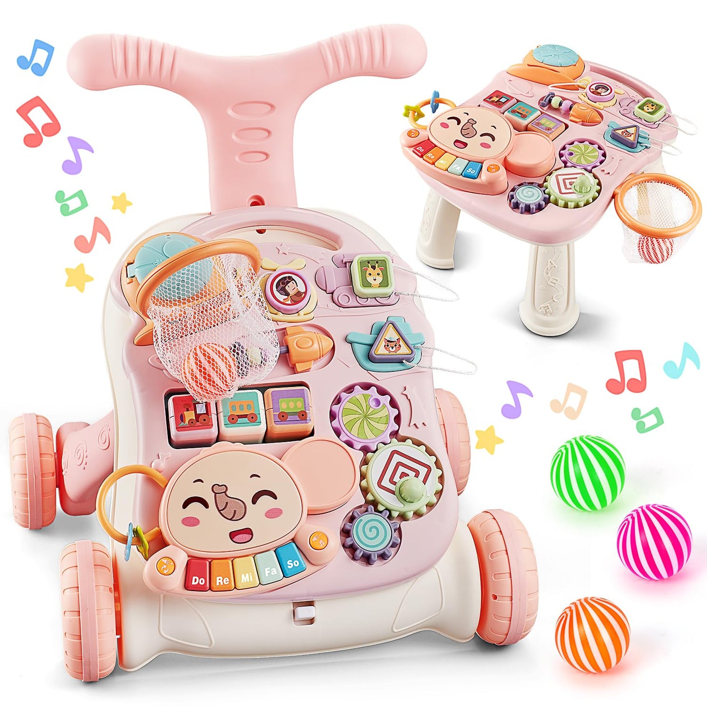 TOY Life 3 in 1 Baby Push Walker & Activity Center, Pink, for 6-12 Months, Model ZS409399, Music Panel, Sit to Stand Learning Toy