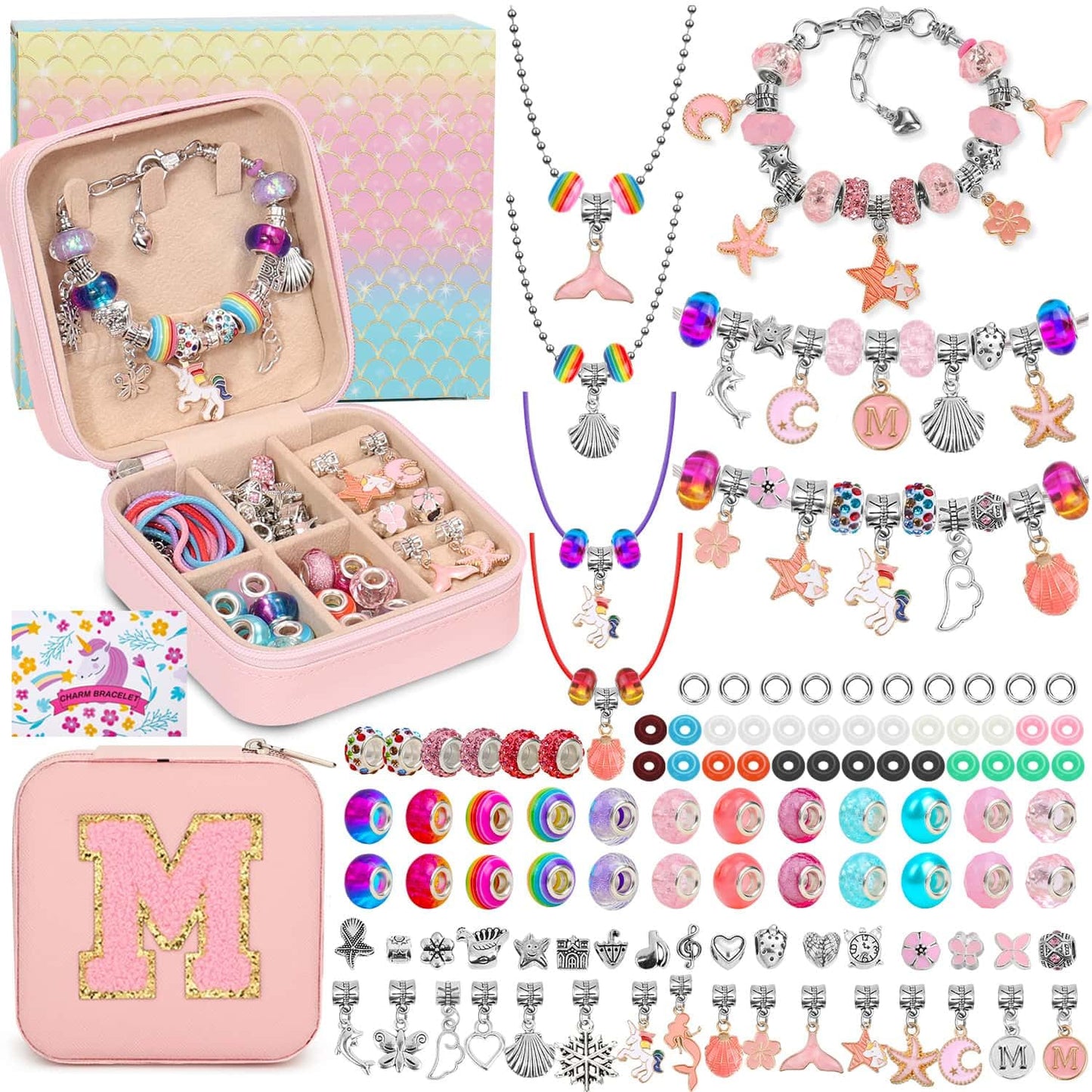 LifeisLuck Charm with Bracelet Making Kit, Jewelry Making Kit for Girls DIY Bead Necklace Kit with A to Z Bracelet Box Unicorns 
