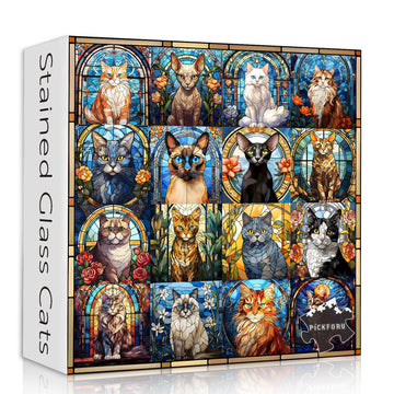 Stained Glass Puzzle Cat Puzzles For Adults 1000 Pieces, Colorful Kitty Kitten Collage Puzzles 1000 Pieces, Hard Difficult Impossible Challenging Jigsaw Puzzles For Adults