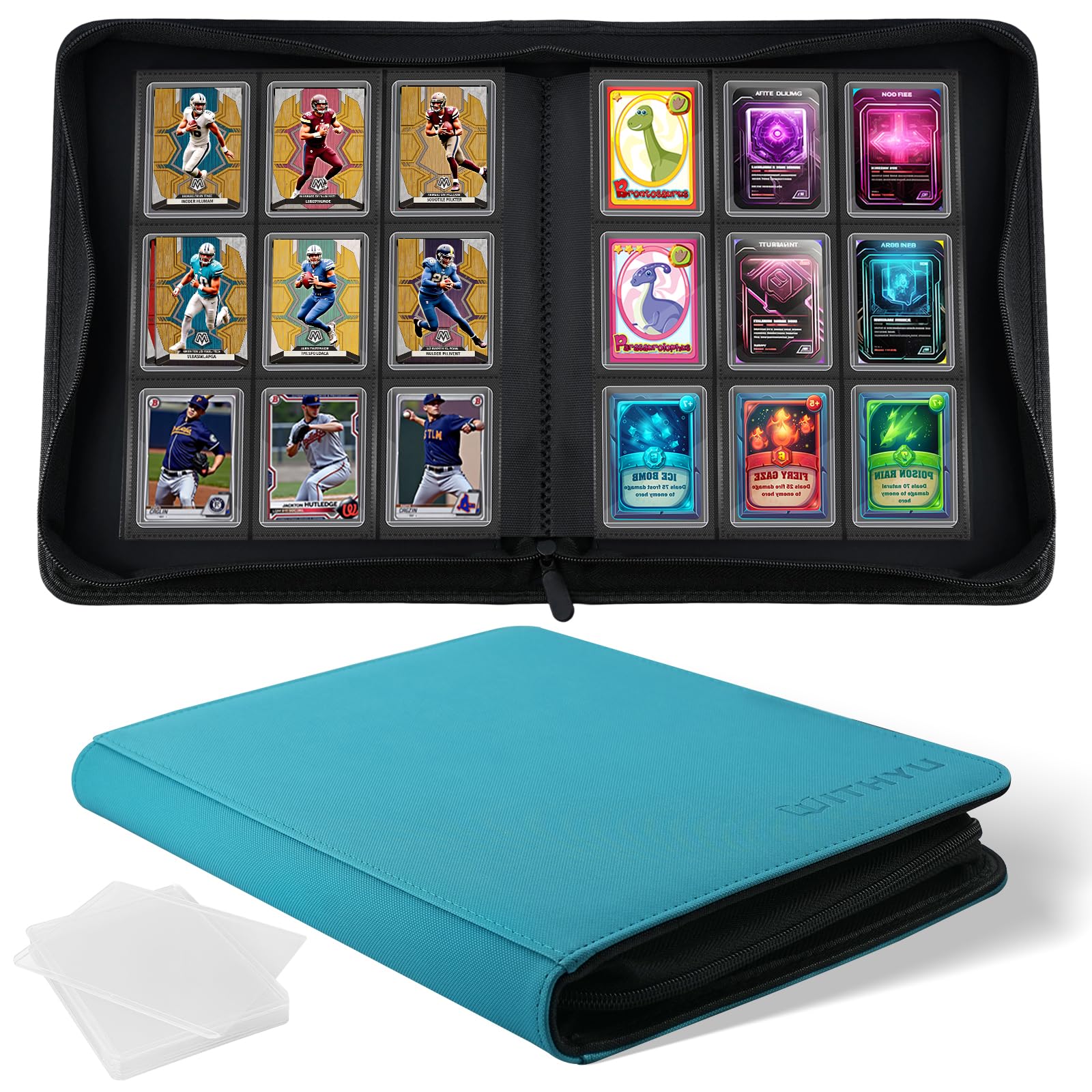 WITHYU Top Loader Binder 9 Pocket for 3x4 Rigid Cards  360 Pockets Collectible Card Album with 20 Toploaders  Trading Card Binder for TCG  MTG  Sports Cards (Aqua Blue)