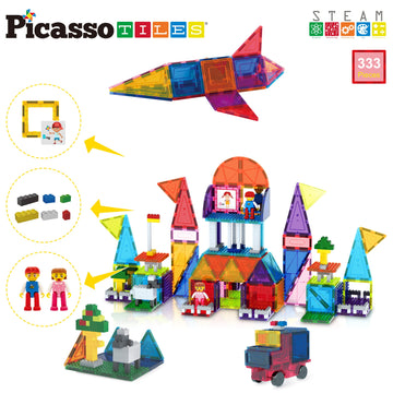 Picassotiles 333Pcs Magnetic Brick Tile And Magnetic Tile Combo Set, Action Figures Included, Building Blocks Stem Toys, Educati