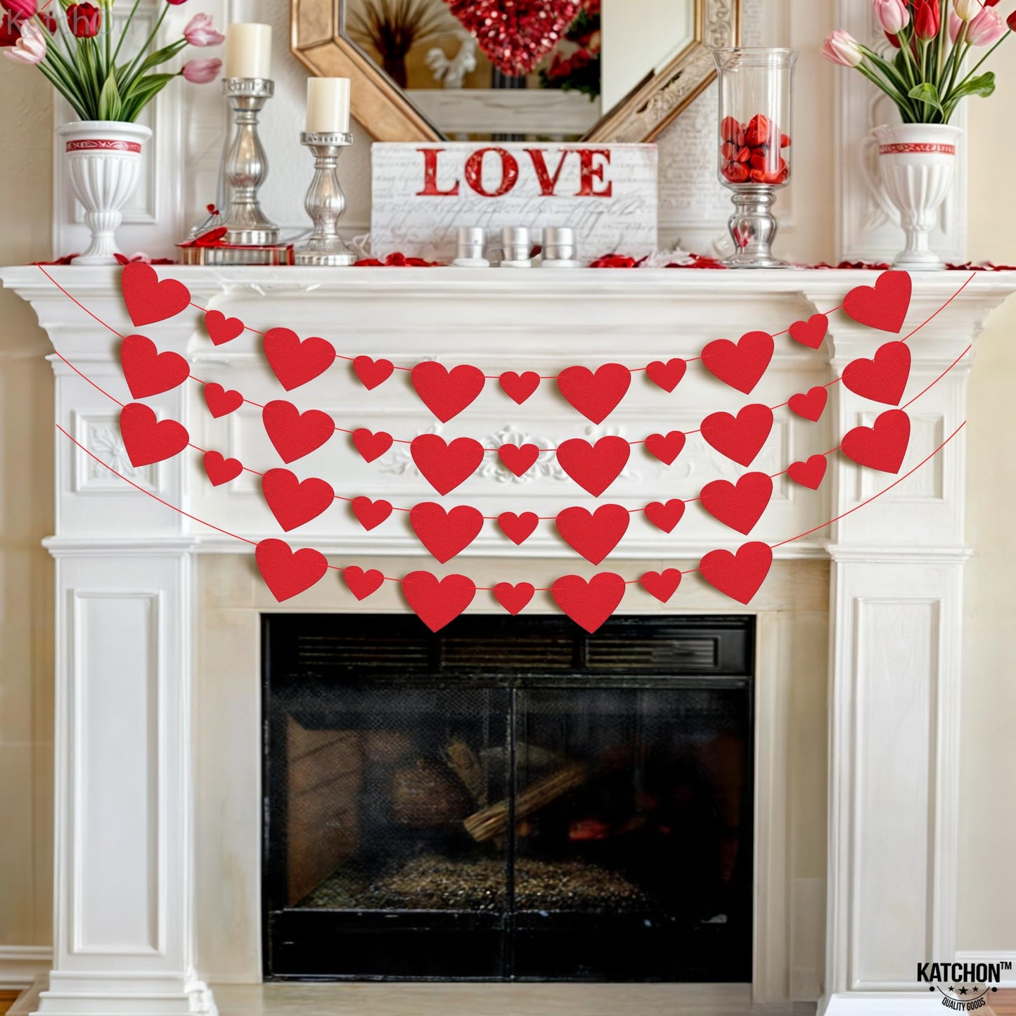 KatchOn, Red Valentines Day Garland - Pack of 40 | Felt Heart Garland for Valentines Day Decorations | Valentine Garland, Galent