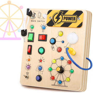 Hikoshi Montessori Busy Board For Toddlers 1-3 - Sensory Led Light Switch Busy Board Toy, Wooden Montessori Travel Toys For Toddler 1 2 3 4 Years Old Boys Girls