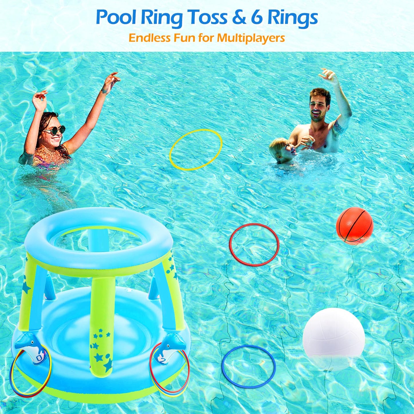 Jasonwell Pool Toys Games Set - 3 in 1 Pool Volleyball Net Basketball Hoop Ring Toss Game Inflatable Floats Water Floating Volle