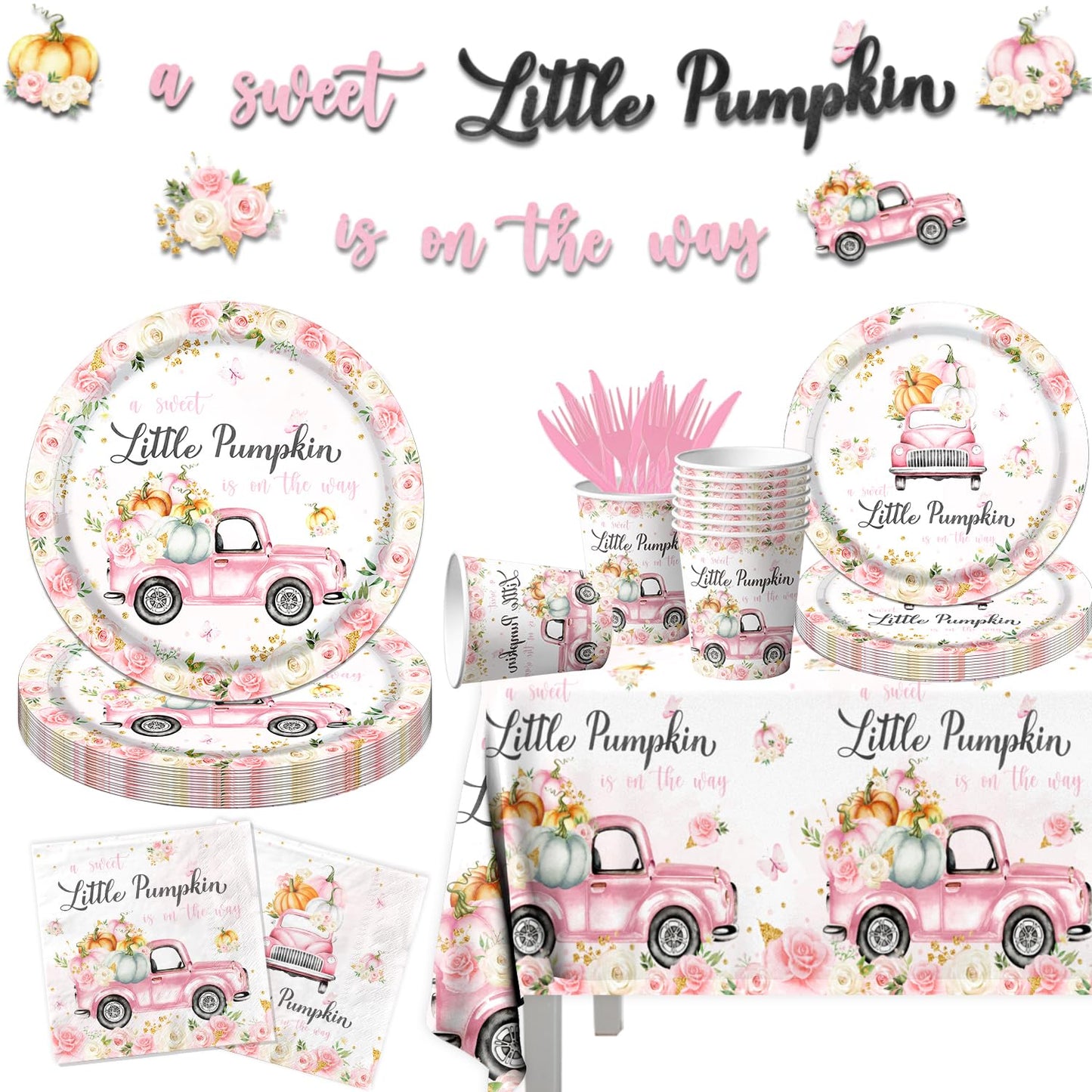 Little Pumpkin Baby Shower Party Decorations Tableware,142Pcs A Sweet Little Pumpkin Is On The Way Girl Pink Floral Truck Dispos