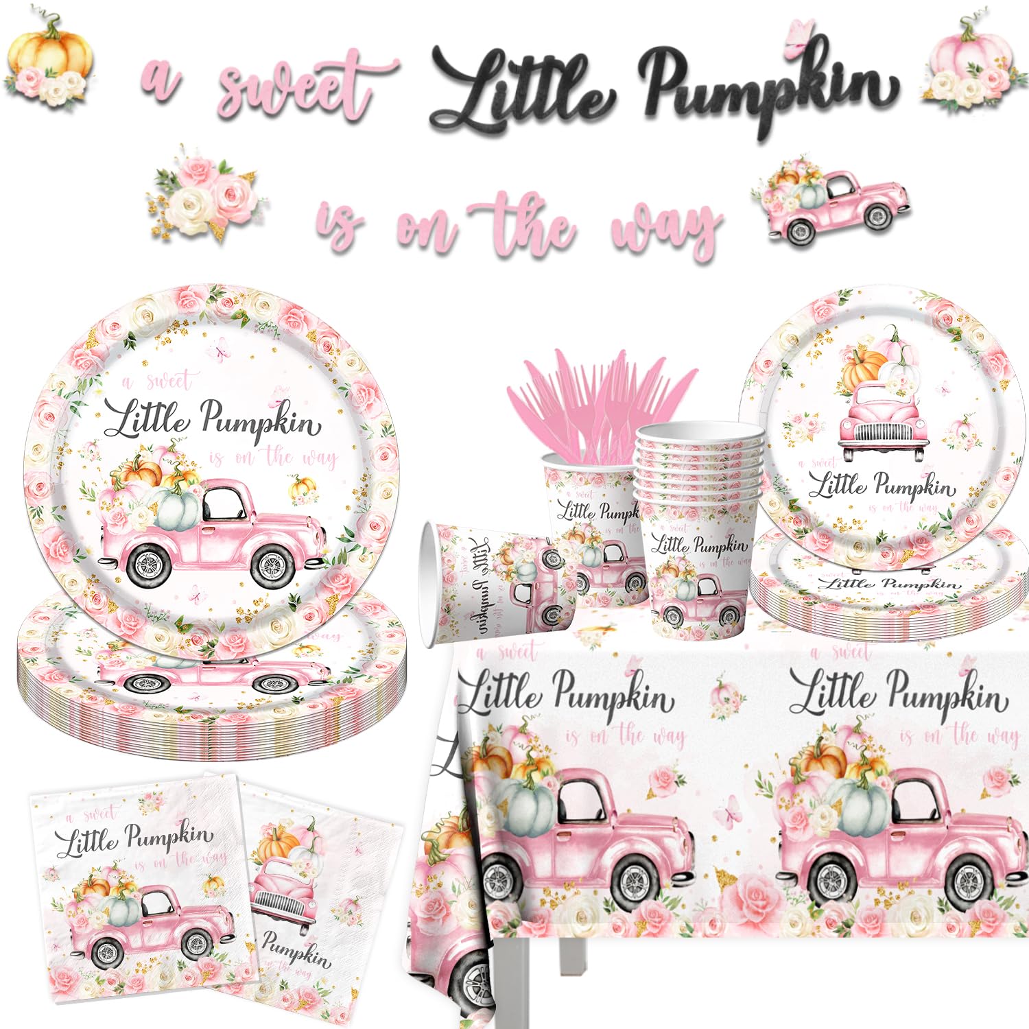 Little Pumpkin Baby Shower Party Decorations Tableware,142Pcs A Sweet Little Pumpkin Is On The Way Girl Pink Floral Truck Dispos
