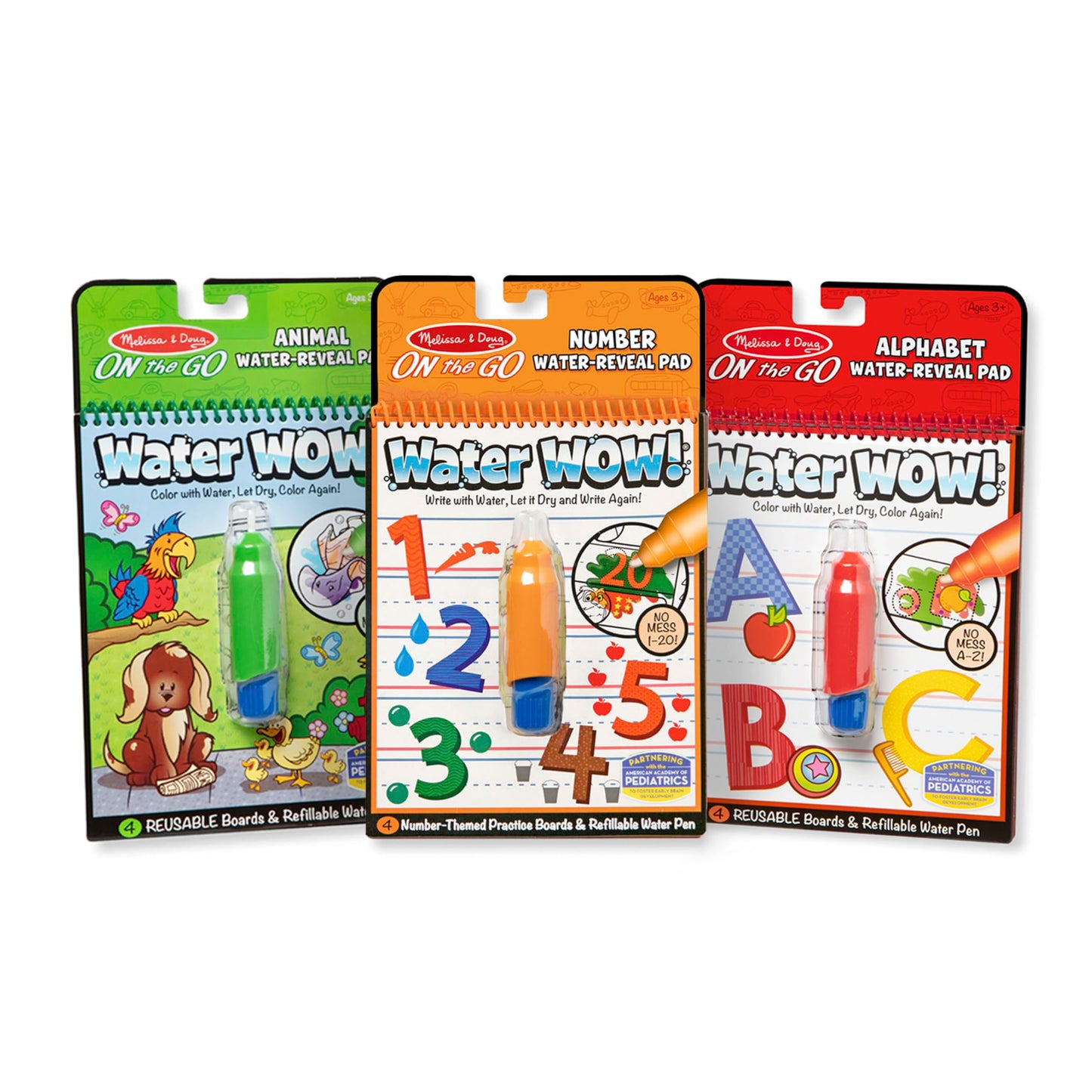 Melissa & Doug On The Go Water Wow! Reusable Water-Reveal Activity Pads, 3-pk, Animals, Alphabet, Numbers