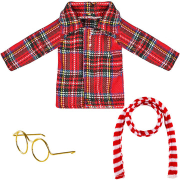 3 Pcs Christmas Couture Clothing Set Elf Doll Accessories Clothes Set Including Long Sleeved Shirt, Elf Glasses, Red And White Striped Scarf