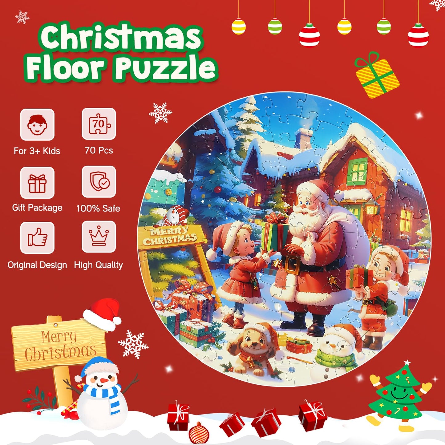 Christmas Puzzles For Kids Ages 4-6, Kids Puzzles With Santa Claus & Snowman,70 Piece Round Large Floor Puzzles For Kids Ages 3