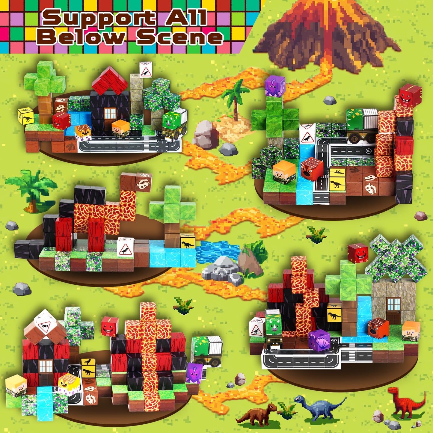 Goody King Dinosaur Volcano Magnetic Block World |100Pcs Dinosaur Magnetic Block Cubes,Stem Montessori Sensory Toys For Toddlers Kids Boys Girls Ages 3-5 6-8 Christmas Birthday Gifts