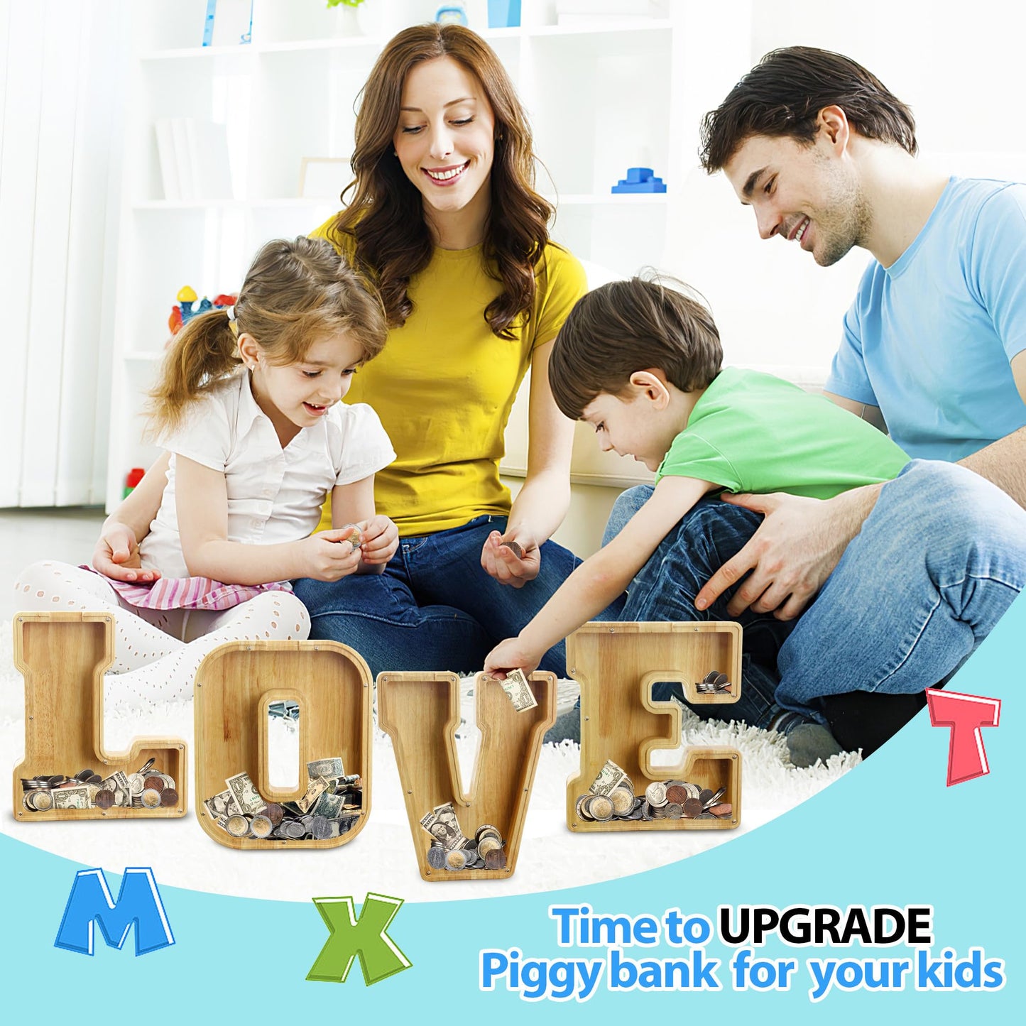 Aorcmitn Extra Large Wooden Letter Coin Piggy Bank For Boys Girls Kids Toddler Alphabet U Money Bank (Initial-U-12)