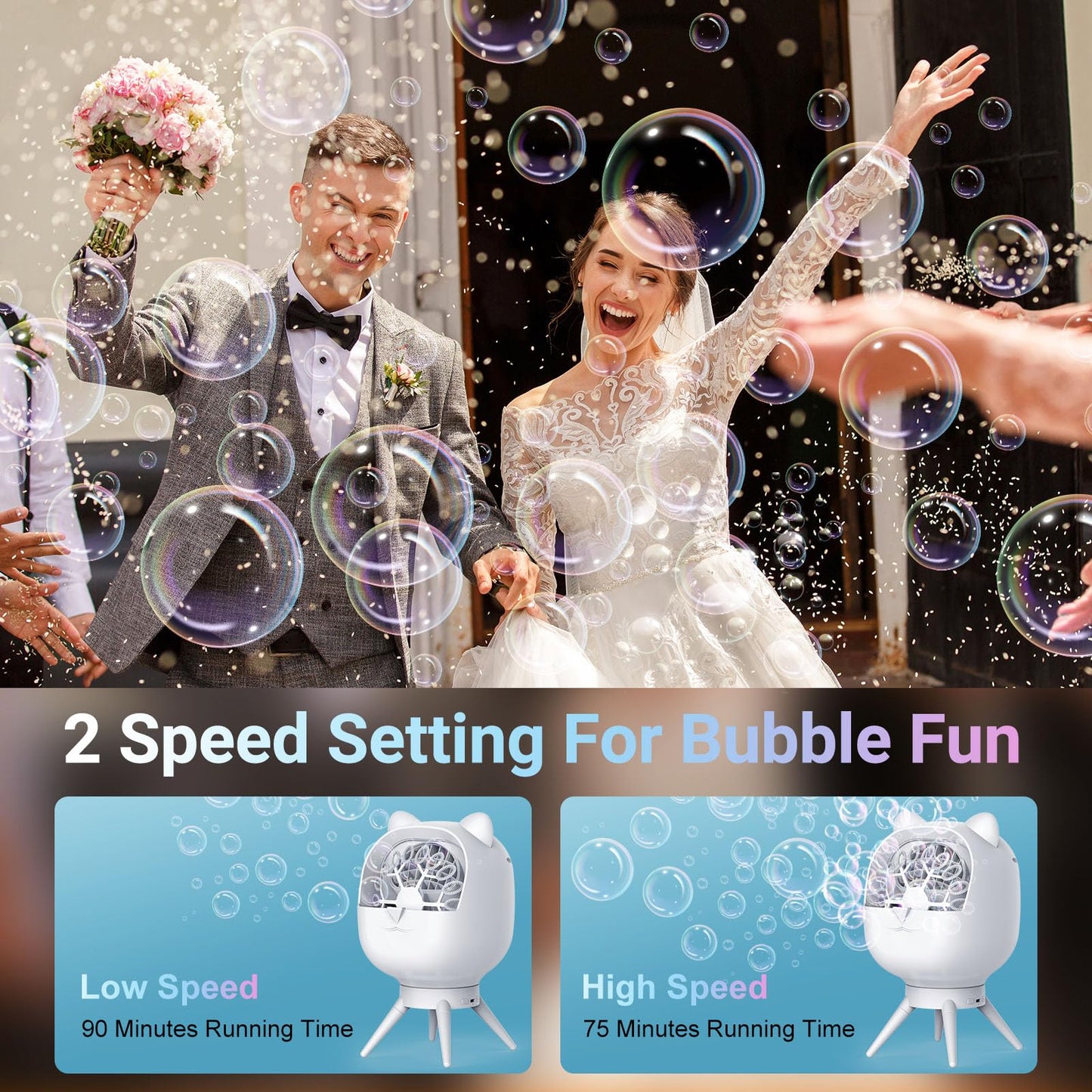 Rechargeable Bubble Machine For Toddlers Kids, Automatic-Rotating, 38000+ Big Bubbles/Min, 2 Speed Modes, Battery Operated, Bubb