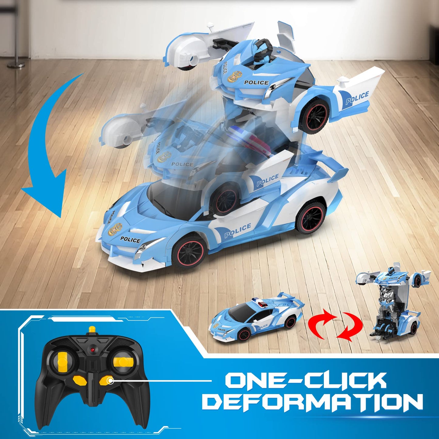 FDJ RC Cars - Transform Remote Control Car, 2.4Ghz 1:18 Scale Transforming Police Car Toy with Flashing Light, One Button Deform
