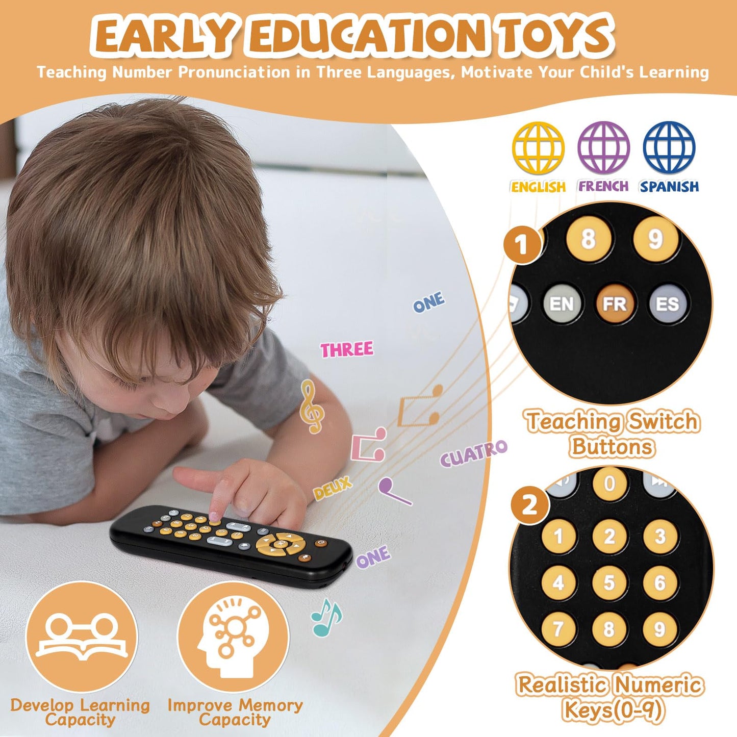 Orzbow Baby Remote Control Toy For 6 Months+ With Music, Tv Remote Toy With Realistic Light And Sound - English, French And Spanish For Infant Play - Bpa Free, Black