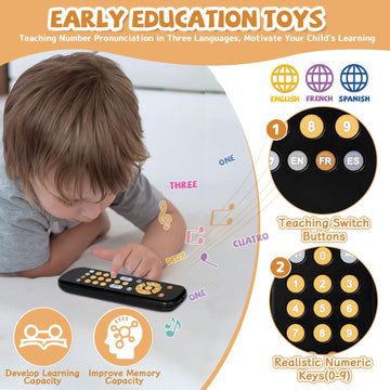 Orzbow Baby Remote Control Toy For 6 Months+ With Music, Tv Remote Toy With Realistic Light And Sound - English, French And Spanish For Infant Play - Bpa Free, Black
