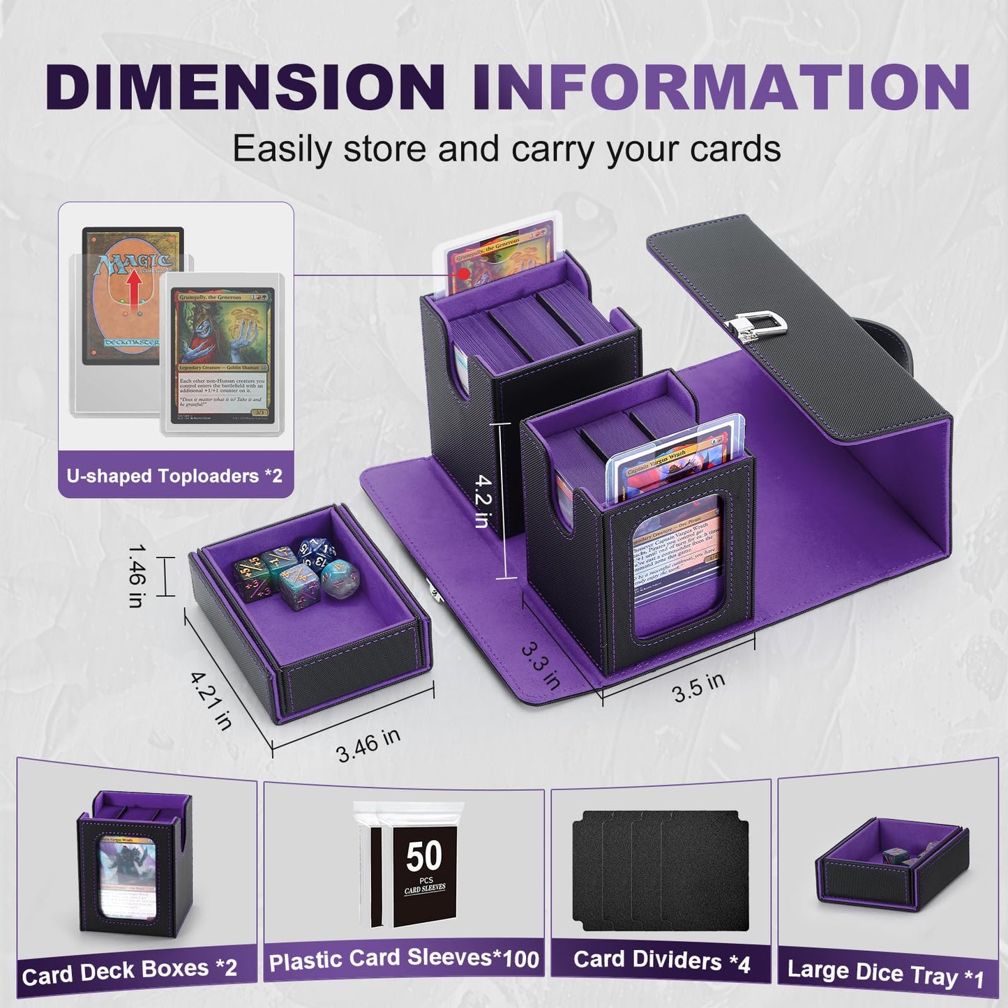 Stepane MTG Card Storage Box  3 In 1 Graded Carrying Deck Box  2PCS Commander Deck Boxes with Dice Tray  Removable Box Lid with Handle Black/Violet