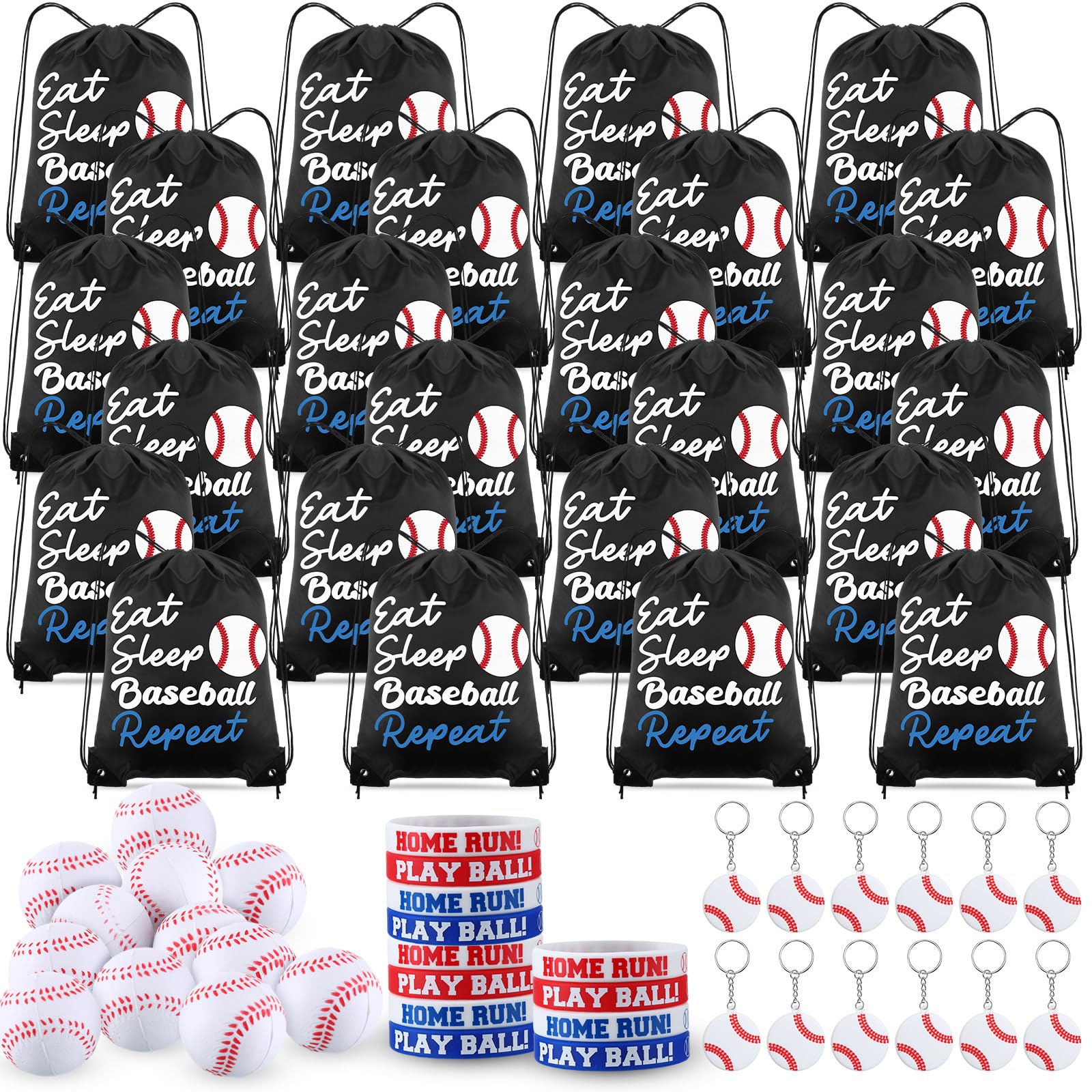 MiniInflat 96 Pcs Baseball Party Favors for Kids Include 24 Baseball Drawstring Bags, 24 Baseball Keychain, 24 Silicone Baseball