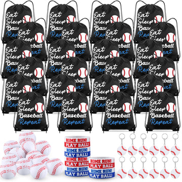 MiniInflat 96 Pcs Baseball Party Favors for Kids Include 24 Baseball Drawstring Bags, 24 Baseball Keychain, 24 Silicone Baseball