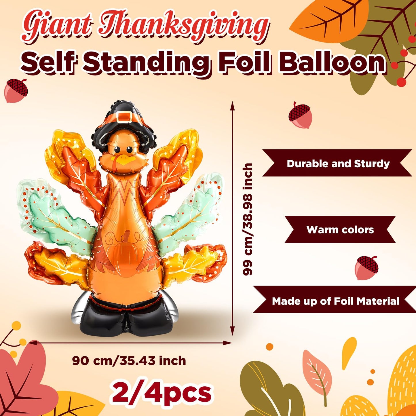 MiniInflat 2 Pcs Giant Fall Thanksgiving Self Standing Foil Balloon 3.25 Ft/1.9ft Party Decorations Aluminum Balloons for Autumn