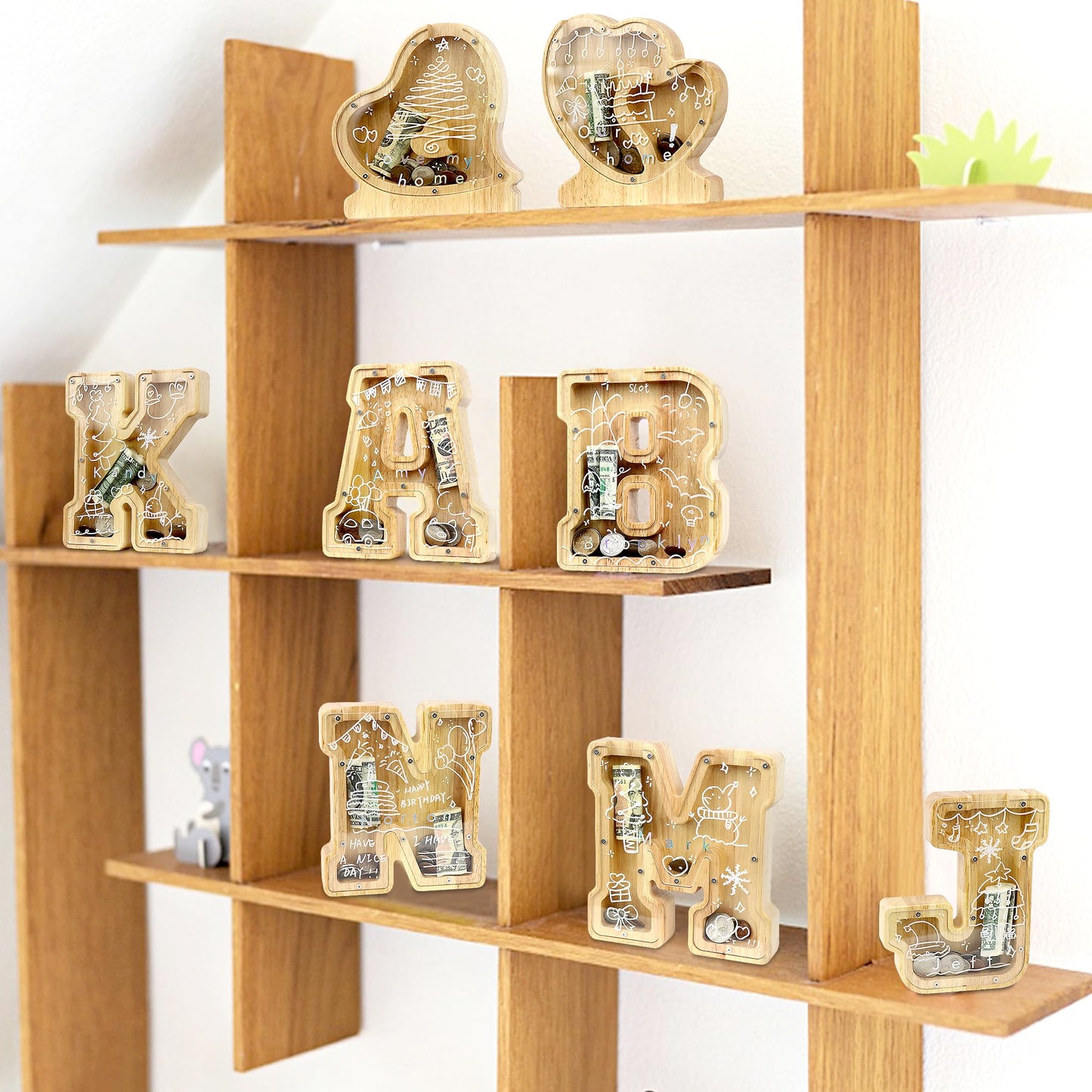 Weallbuy Piggy Bank For Kids Boys Girls Wooden Letter Piggy Bank A-Z Personalized Piggy Bank Clear Coin Bank For Kids With Stick