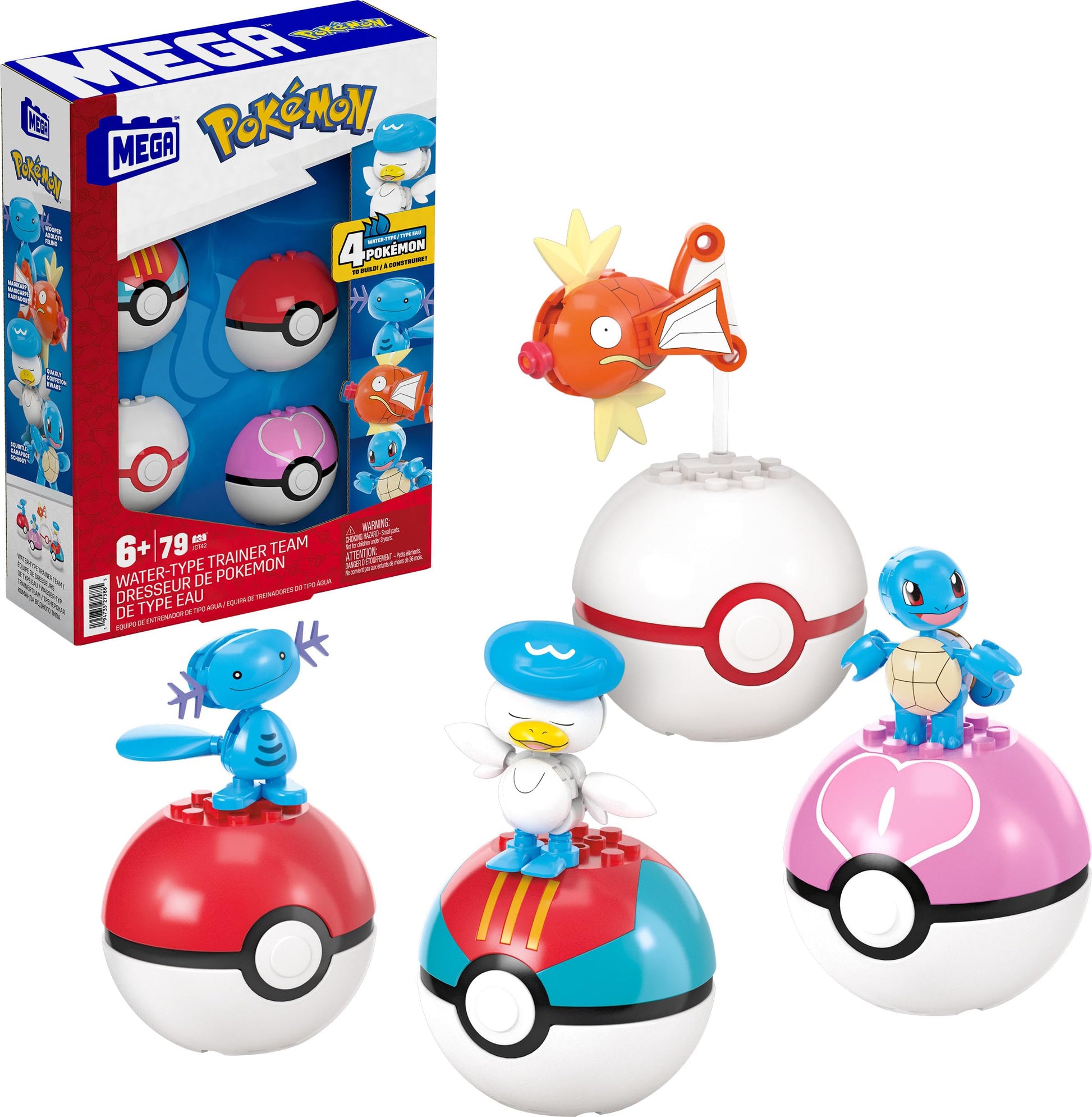 Mega Pok  Mon Action Figure Building Toys Set, Water-Type Trainer Team With 79 Pieces, 2 Inches Tall, For Kids