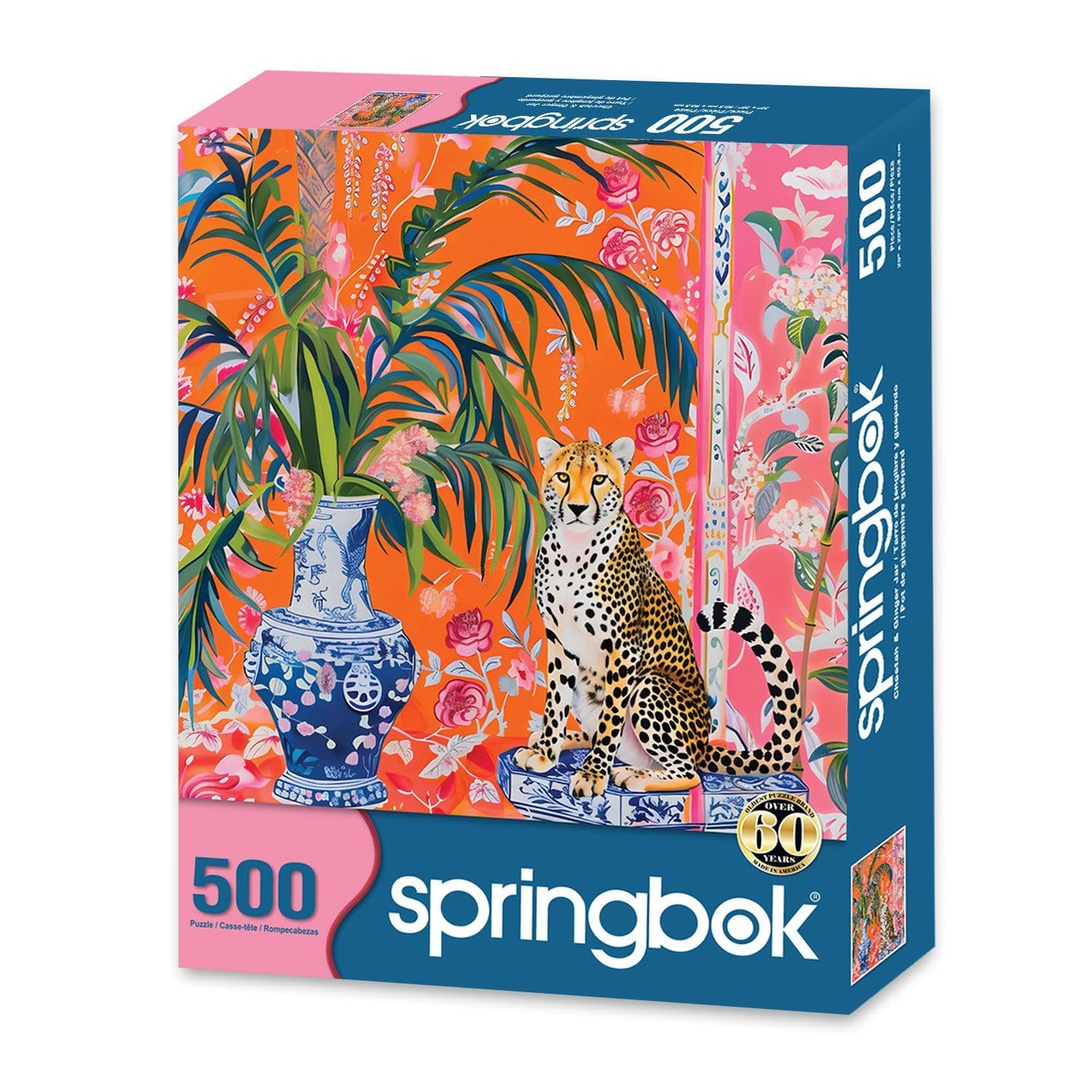 Springbok 500 Piece Jigsaw Puzzle - Cheetah and Ginger Jar, Cardboard, 20"x20", Model 33-02559, Unique Cut Pieces, Made in USA