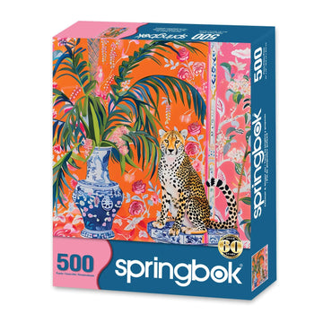 Springbok 500 Piece Jigsaw Puzzle - Cheetah and Ginger Jar, Cardboard, 20"x20", Model 33-02559, Unique Cut Pieces, Made in USA