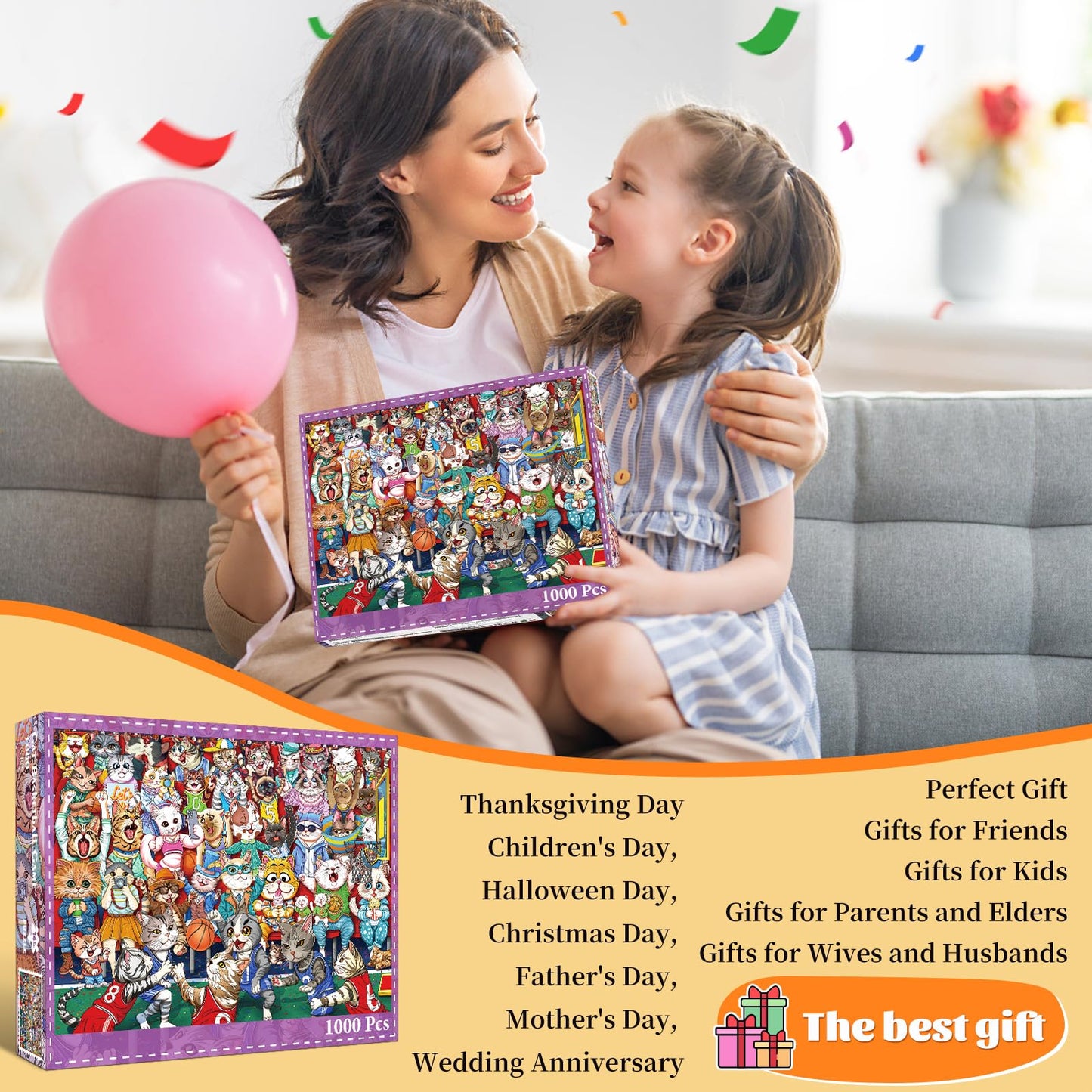 Puzzles for Adults 1000 Pieces, Cat Basketball Fun Jigsaw Puzzles Challenging Game, Puzzles Interlock Perfectly No Dust, for Hou