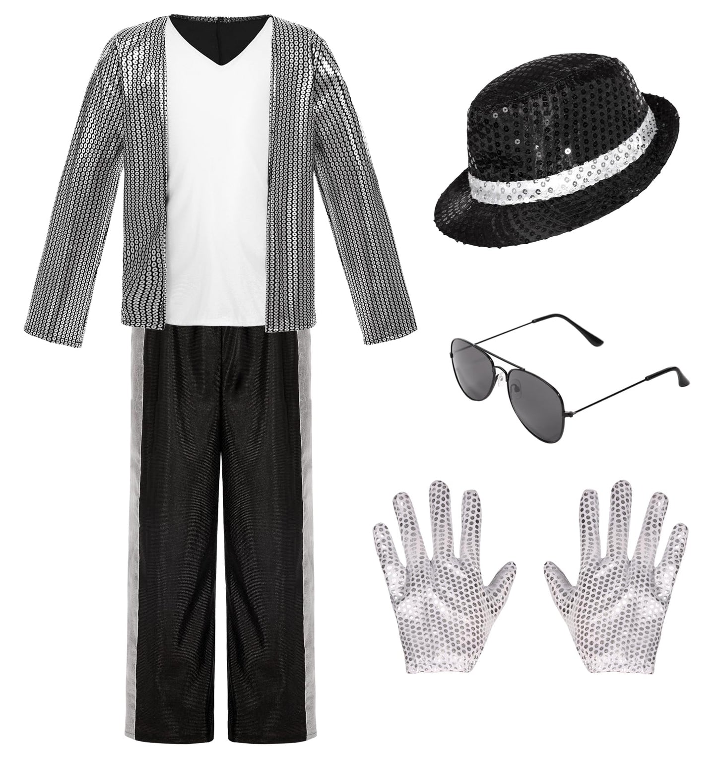HORTYZON Kids Dance Star Costume Boys 80s Dance Costume 90s Pop Stage Outfits with Glasses Hat Gloves Halloween Cosplay Party (8