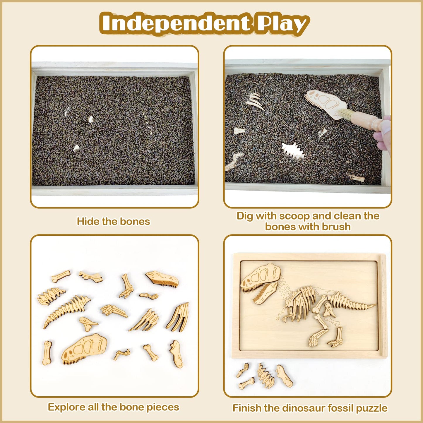 Xylolin Dinosaur Excavation Kit - Sensory Bin Toys for Kids, Medium Size, Brown, Includes Dino Skeletons and Bones Puzzle Game