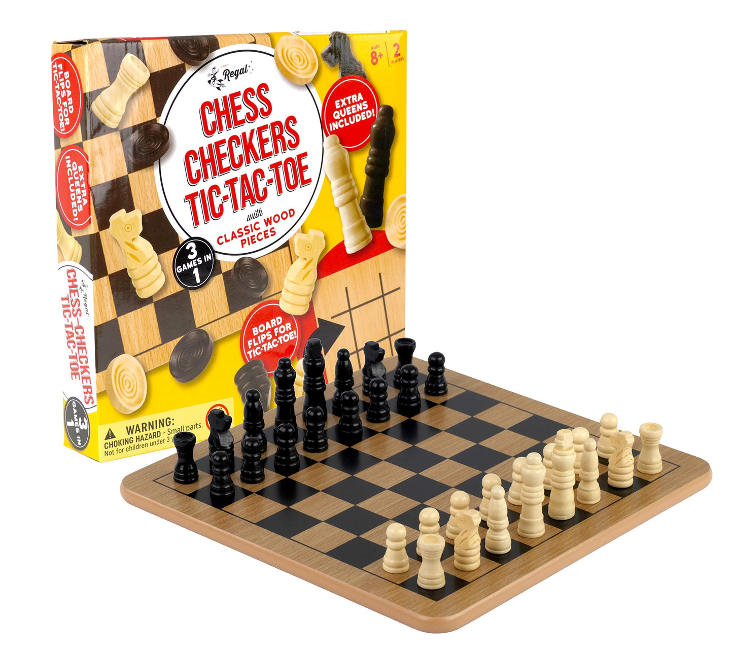Regal Games Reversible Wooden Board for Chess, Checkers & Tic-Tac-Toe - Includes 24 Checkers & 32 Chess Pieces - 10.5 Inch Size